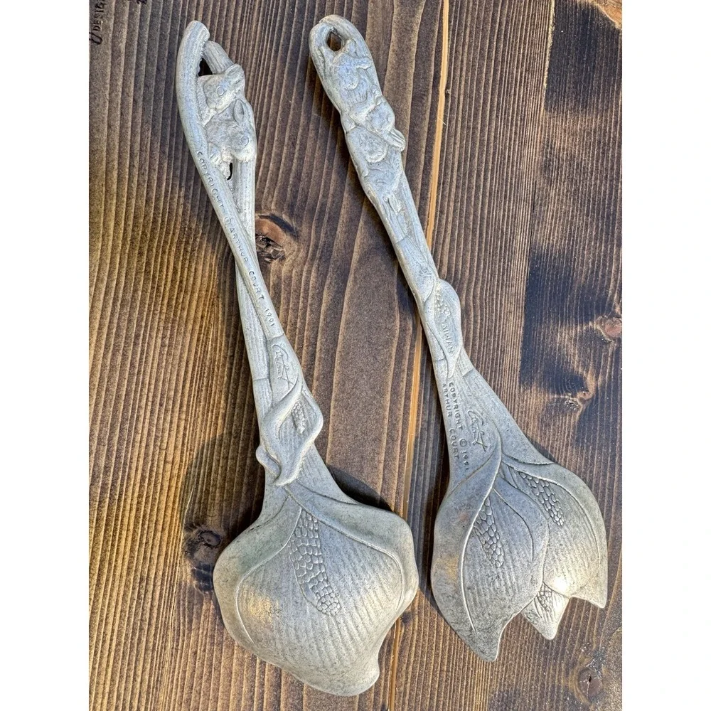 Arthur Court Bunny Rabbit Salad Serving Set Spoon Fork Aluminum Vintage 1991